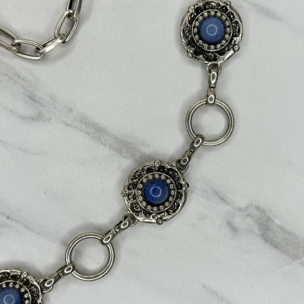 Vintage Blue Cabochon Silver Chain Belt M/L ✨